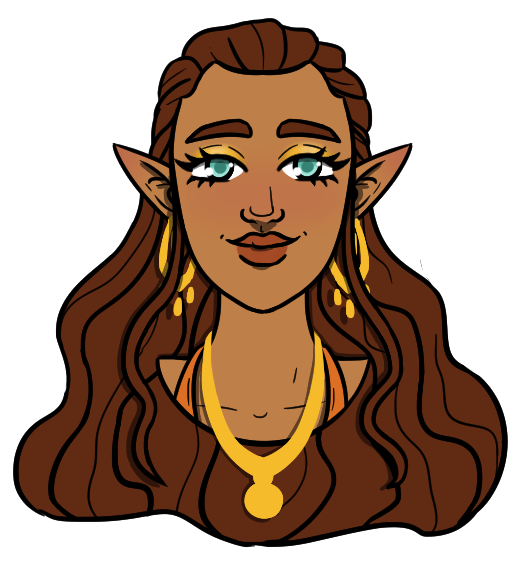 Solstice, a fey woman with medium brown skin, pointed ears, seafoam blue-green eyes, long brown wavy hair, and gold eyeshadow; she is wearing large gold earrings and a gold pendant necklace.